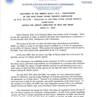 Testimony of Dr. Aluli regardng HB No. 3724, Relating to the Kaho'olawe Island Reserve Commission