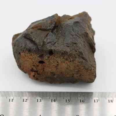 Closeup of side profile of basaltic glass core with ruler: The image shows a rough basaltic glass core resting beside a ruler, highlighting its size and texture.