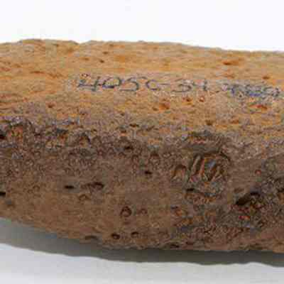 Profile of adze preform with alternate id number visible: The image shows a rust-colored, porous rock fragment with surface markings and a slightly rough texture, set against a plain white background, highlighting its irregular shape.