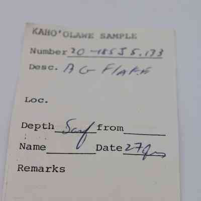 Artifact slip for basaltic glass flake: The image shows an artifact slip labeled "Kaho'olawe Sample," with details like number, description, location, depth, and date fields.
