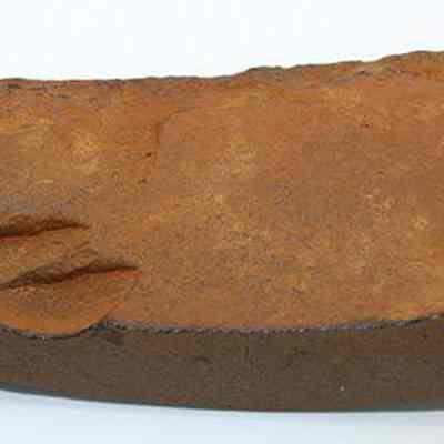 Profile of unpolished side of basalt adze (ko'i) fragment: The image depicts a weathered, reddish-brown fragment of an adze (ko'i), showing signs of age and use, with a rough surface and chipped edges.