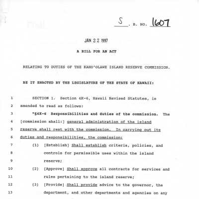 Copy of Senate Bill (SB) No. 1607, A Bill for an Act Relating to Duties of the Kaho'olawe Island Reserve Commission": Original size: 8.5" x 11" Format: PDF Resolution: 150 dpi