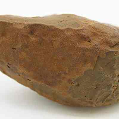 Close up profile of basalt hammerstone: The image depicts a brown, roughly shaped stone tool, likely a hammerstone or an adze preform, showing signs of wear and natural formation.