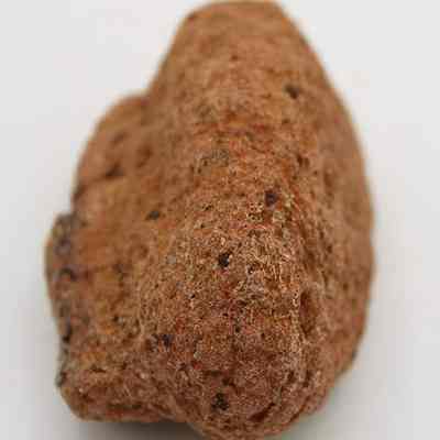 Closeup of lengthwise view of a small breadloaf sinker: The image shows a rough, brown stone sinker with an uneven, textured surface, often used for fishing to weigh down nets or lines.