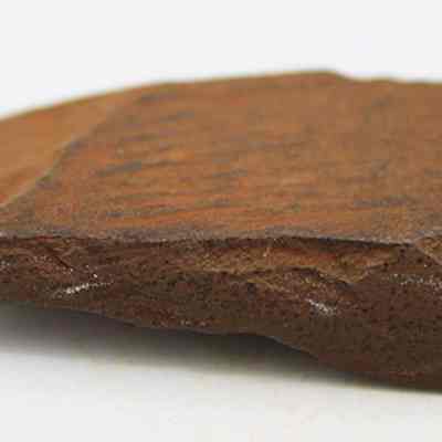 Profile of basalt adze (ko'i) fragment: The image shows a weathered adze (ko'i) fragment, exhibiting a reddish-brown hue with a rough, slightly jagged edge, resting on a plain surface.