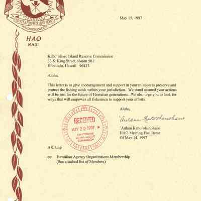 Letter to Kaho'olawe Island Reserve Commission from 'Aulani Kaho'ohanohano