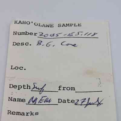 Artifact slip for basaltic glass core: The image shows an artifact slip labeled "Kaho'olawe Sample" with details like number, description, depth, name, and date.