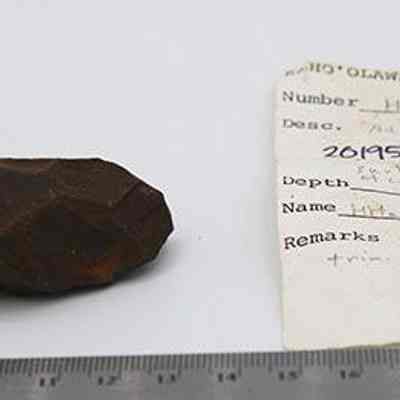 Adze preform with artifact slip: The image shows a stone adze preform beside a labeled note, with a ruler indicating its size.