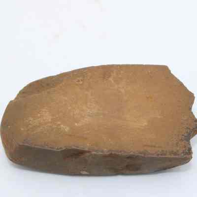 Closeup of side profile of a polished flake: The image depicts a roughly oval-shaped polished rockshowing smooth surfaces and earthy tones against a plain white background.