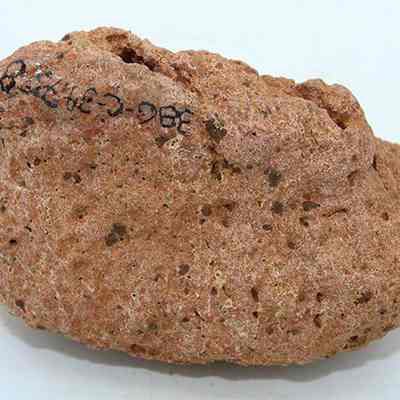 Closeup profile of small breadloaf sinker with alternate id number visible: The image shows a roughly textured, reddish-brown sinker likely used in ancient times for fishing, with some inscriptions or markings on its surface.