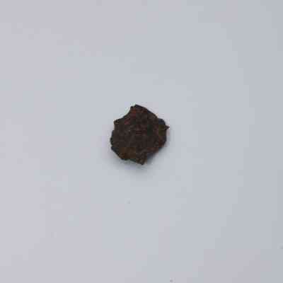 Tiny basaltic glass flake: The image shows a small, dark basaltic glass flake resting on a plain white surface, highlighting its jagged texture.