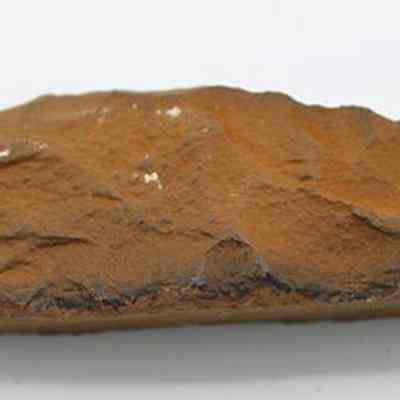 Quandrangular adze profile: The image shows a flat, rust-colored stone artifact with rough, uneven surfaces and a slightly pointed end, lying against a plain white background.