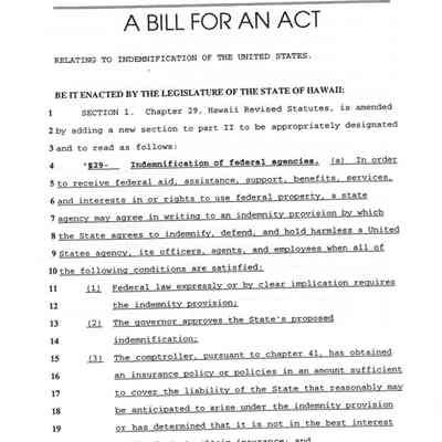 H.B. No. 1610 H.D.2 S.D.1, A Bill for an Act Relating to Indemnification of the United States