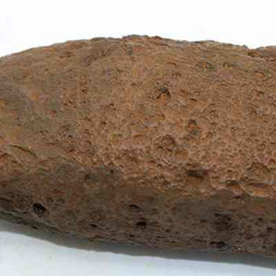 Profile of an adze preform: The image shows a rough, textured brown rock with an irregular surface and several small holes, resting on a white background, highlighting its natural appearance and earthy.