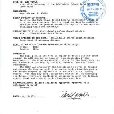 Comments & Recommendations for HB 3724, Relating to the Kaho'olawe Reserve Commissoin