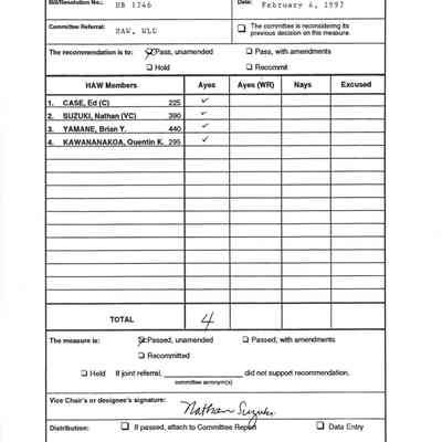 State of Hawaii, House of Representatives, The Nineteenth Legislature, Record of Votes of the Committee on Hawaiian Affairs