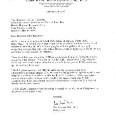 Letter to The Honorable Dwight Takamine, Chairman, House Committee on Water & Land Use from Noa Emmett Aluli, M.D., Kaho'olawe Island Commission