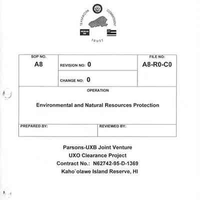Final Environmental and Natural Resources Protection, Kaho'olawe Island Reserve, HI, Standard Operating Procedure