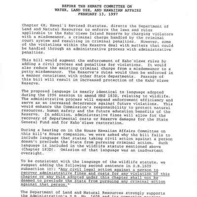 Testimony of the Chairperson of the Board and Natural Resources on S.B. No. 1609-Relating to Kaho'olawe Penalties