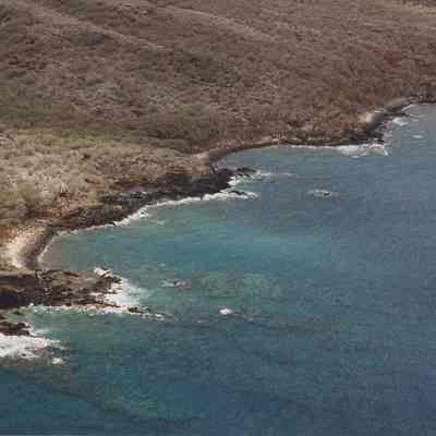 High aerial view of the coastline and coral along Ahupu 'Ili