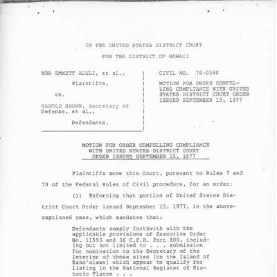 First page of motion for order compelling compliance: The document is a motion for order in the United States District Court, requesting compliance with court directives regarding historic site listings in Hawai'i.