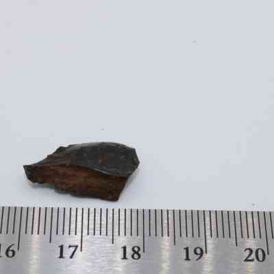 Closeup of basaltic glass flake with ruler: A small basaltic glass flake rests on a white surface with a ruler below, indicating size in centimeters.