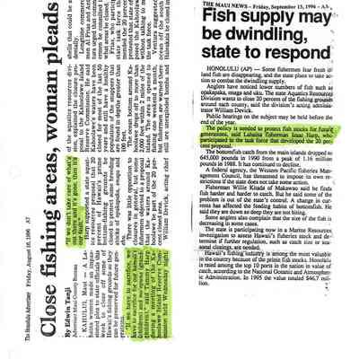 Copy of newspaper articles from the Honolulu Advertiser and from the Maui News