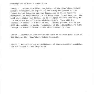 Memo to Gail Maruyama from Heidi Meeker regarding description of KIRC's three bills