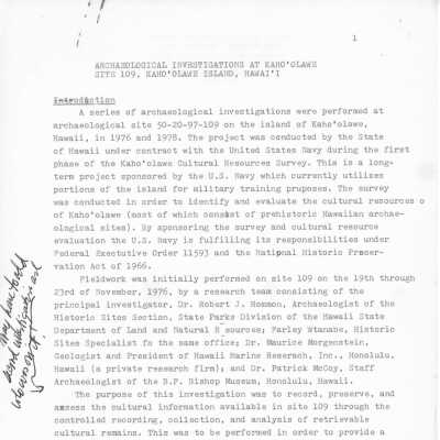 PDF copy of Archaeological Investigations at Kaho'olawe Site 109: The document is an archaeological investigation report for Site 109 on Kaho'olawe Island, Hawaii, conducted in the late 1970s.