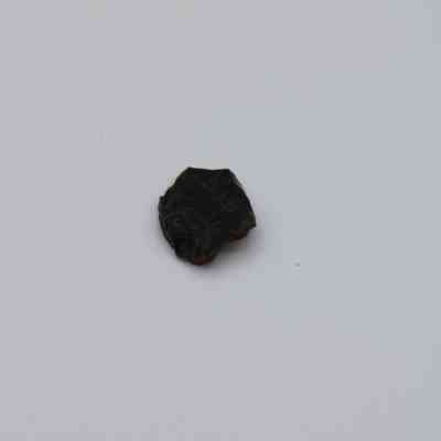 Closeup of basaltic glass flake: A small, dark basaltic glass flake rests on a plain, light background, highlighting its rough surface texture and irregular shape.