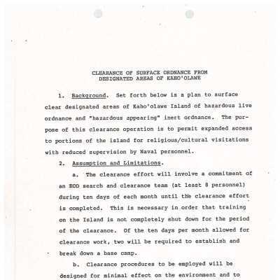 PDF/A copy of document regarding clearance of surface ordnance: The document outlines a clearance plan for removing hazardous ordnance from Kaho'olawe Island, allowing cultural access.