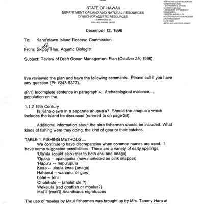 Memorandum from Skippy Hau to the Kaho'olawe Island Reverse Commission