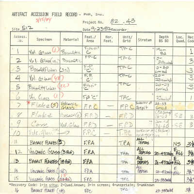 Artifact Accession Field record for Site 512: The image shows an artifact accession field record detailing various specimens, materials, and stratums, dated 9/23/82 with updated notes dated 3/15/84.