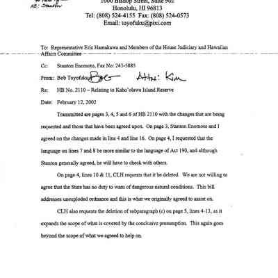 Memorandum regarding HB (House Bill) No. 2110-Relating to Kaho'olawe Island Reserve