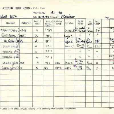 Artifact Accession Field Record-Site 367A pg 2: The image is an artifact accession field record detailing various samples, including basalt flakes and volcanic glass, with specific recovery information like location and depth.