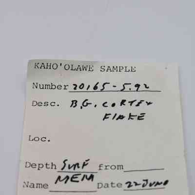 Artifact slip for cortex flake: The image shows an artifact slip from Kaho'olawe, detailing a sample with number 20165-5.92, described as B.G cortex flake
