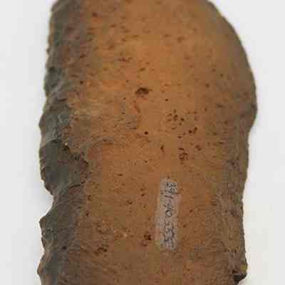 Close up of basalt knife (pahi) with alternate identification number visible: The image shows an ancient basalt knife (pahi), with visible signs of weathering, showcasing its rough edges and a slightly curved, sharpened blade