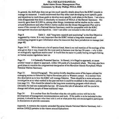 Facsimile regarding Ola I Ke Kai O Kanaloa Kaho'olawe Ocean Management Plan