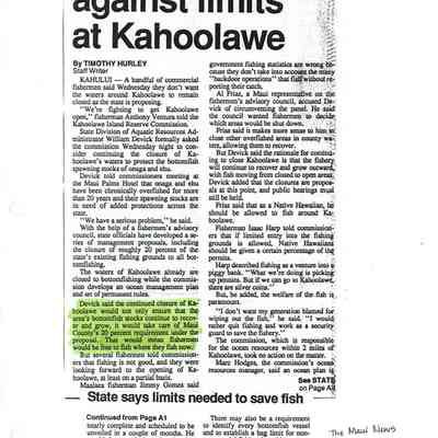 Copy of newspaper article-Fishers cast lot against limits at Kahoolawe