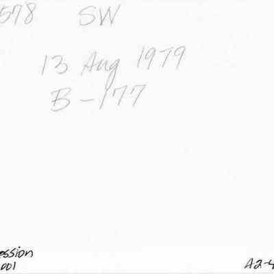 Back of photo for Site 578 #21: The image contains handwritten notes with details like "Site 578," "SW," and the date "13 Aug 1979," alongside some accession numbers.