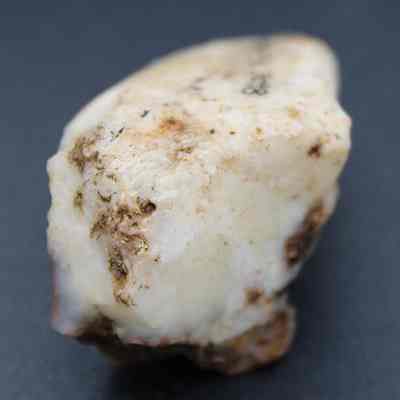 Closeup of quartzite core: The image shows a rough, misshapen piece of white rock, with a whitish hue and patches of brownish discoloration on its surface.