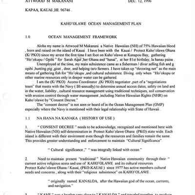 Comments from Attwood M. Makanani regarding Kaho'olawe Management Plan