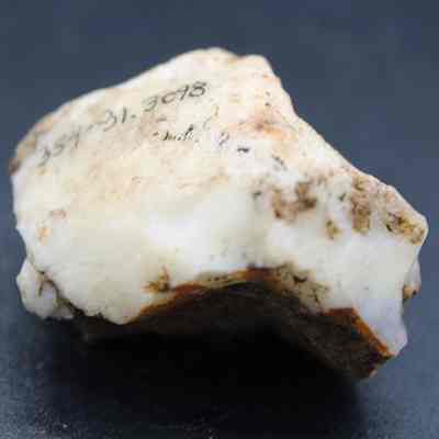 Closeup of quartzite core: The image shows a rough, irregularly shaped piece of quartzite with a white and brown color, sitting on a dark surface; it has some numbers handwritten in black ink.