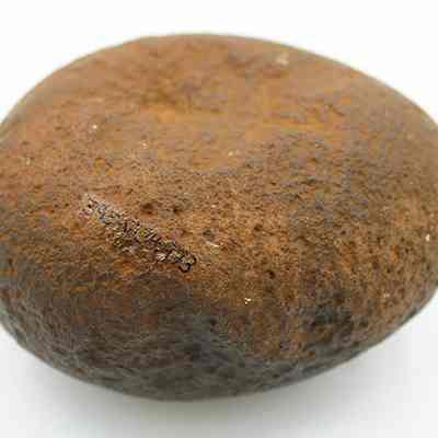 Profile of hammerstone with alternate id number visible: The image shows a round stone with a rough surface, displaying visible weathering and a series of numbers or letters imprinted on one side.