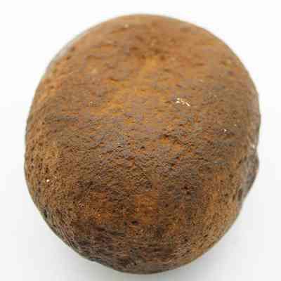 Lenthwise view of a basalt hammerstone: The image shows a single, round, brown stone with a rough surface texture placed against a plain white background.