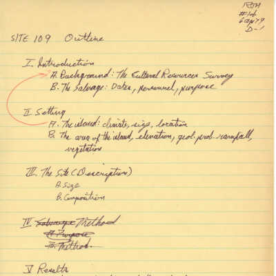 PDF copy of outline for report on Site 109: The handwritten outline on yellow paper details a structured plan for "SITE 109," including sections on introduction, setting, site description, methods, and results.