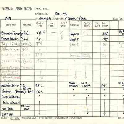 Artifact Accession Field Record-Site 363E pg 3: The image shows a handwritten artifact accession field record detailing various specimens, materials, depths, and recovery codes, dated 10-9-83.