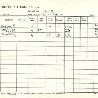Artifact Accession Field Record-Site 142A pg 2: The image shows an artifact accession field record, documenting three specimens, including rusty pieces and a basalt flake, with detailed excavation data.