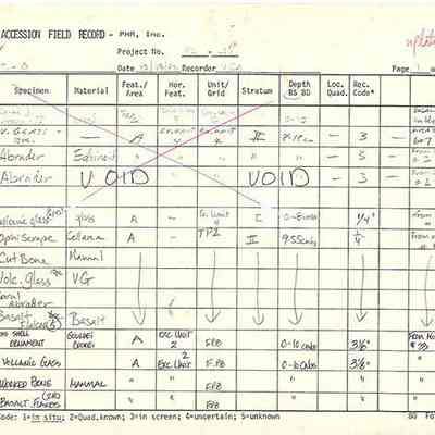 Artifact Accession Field Record-Site 142A: This is a detailed artifact accession field record listing specimens, materials, depths, locations, and recovery codes, with some entries marked as "VOID".