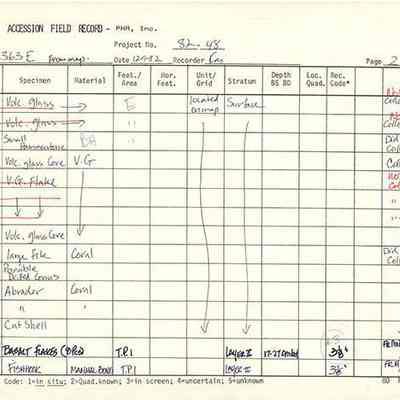 Artifact Accession Field Record-site 363E pg 1: The image shows a detailed artifact accession field record listing various specimens with information such as material, location, and recovery status.